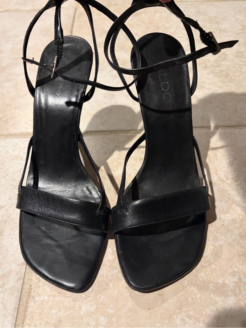 Aldo Black Leather Strappy Ankle-Tie Heels